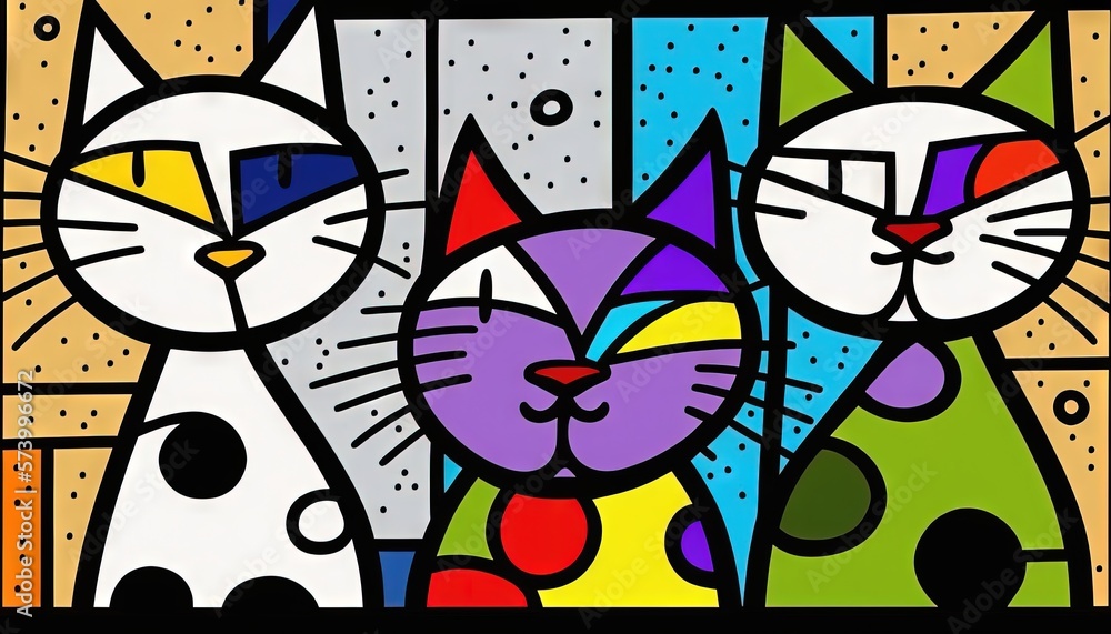  a painting of three cats with different colors and shapes on a black background with a white cat an