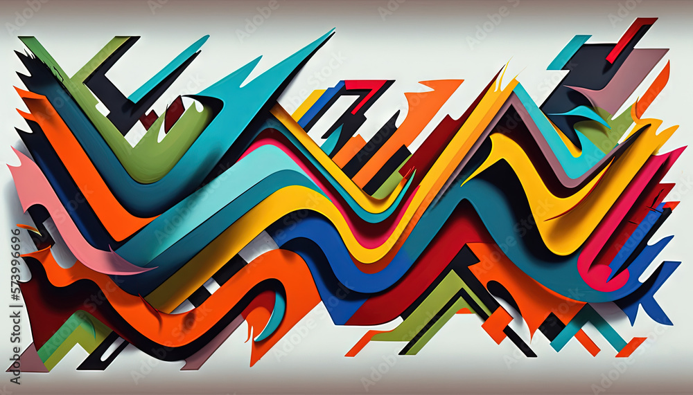  a painting of a colorful wave of lines and shapes on a white background with a brown border around 