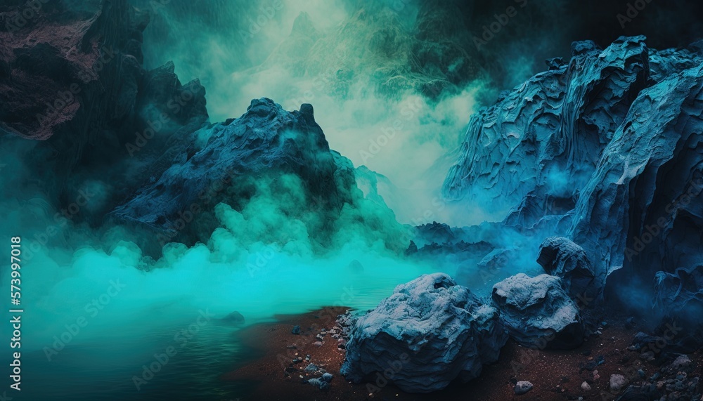  a body of water surrounded by rocks covered in blue smoke and steam rising from the waters surface