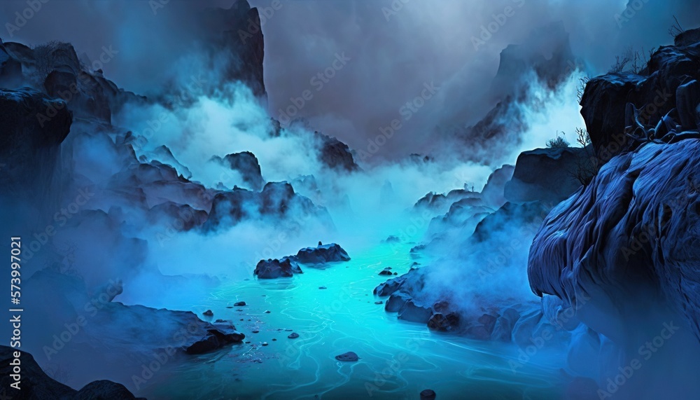  a painting of a river surrounded by mountains and rocks in a foggy landscape with blue hues on the 