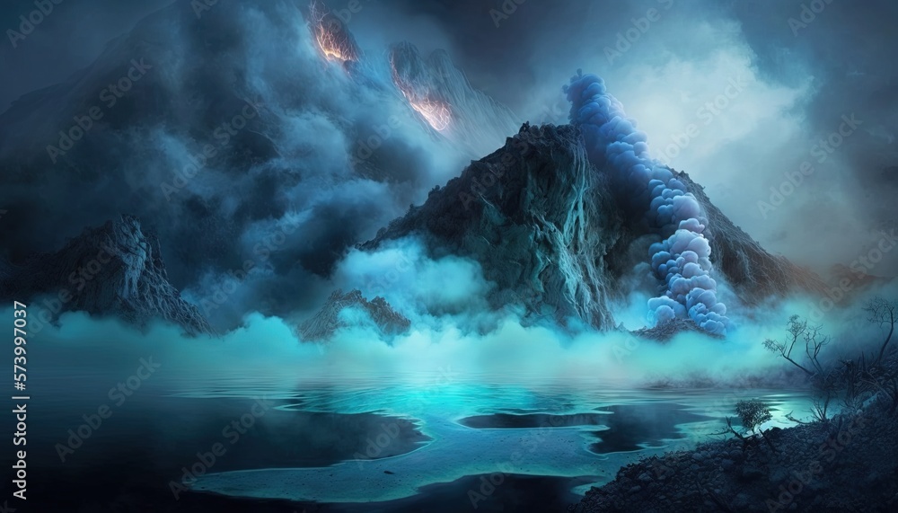  a painting of a mountain in the middle of a body of water with a sky filled with clouds and a volca