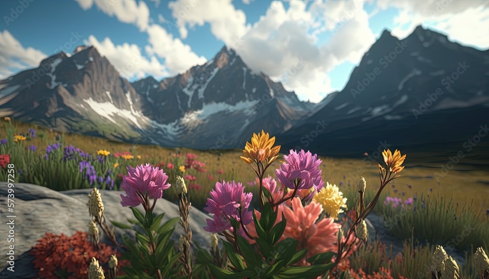  a painting of a mountain range with flowers in the foreground and rocks in the foreground, with a b