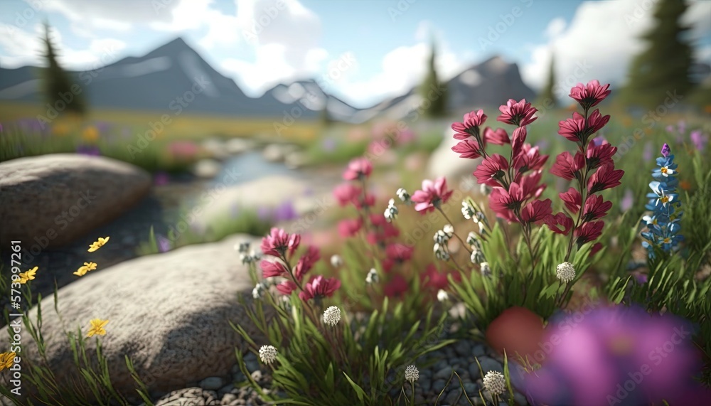  a bunch of flowers that are by some rocks and grass with a mountain in the background and a stream 