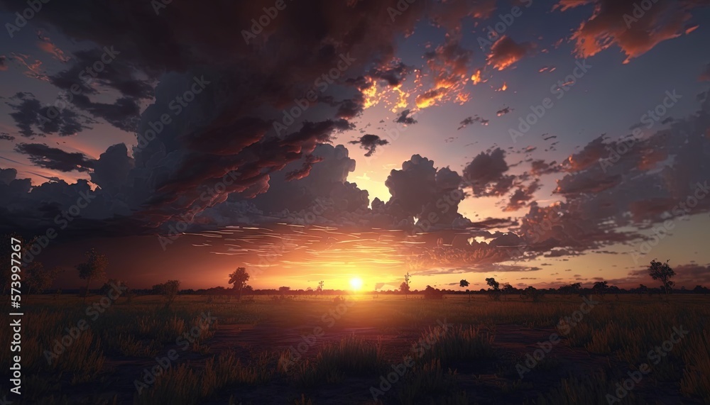  the sun is setting over a field with grass and trees in the foreground and clouds in the sky in the