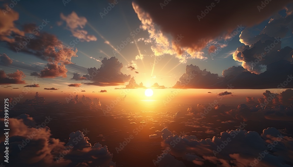  the sun is setting over the clouds in the sky over the ocean in the distance is a city in the foreg