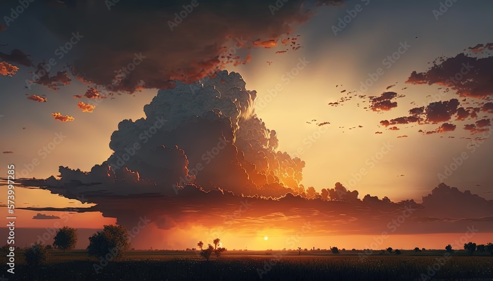  a very large cloud in the sky with a sun setting behind it and trees in the foreground and a field 