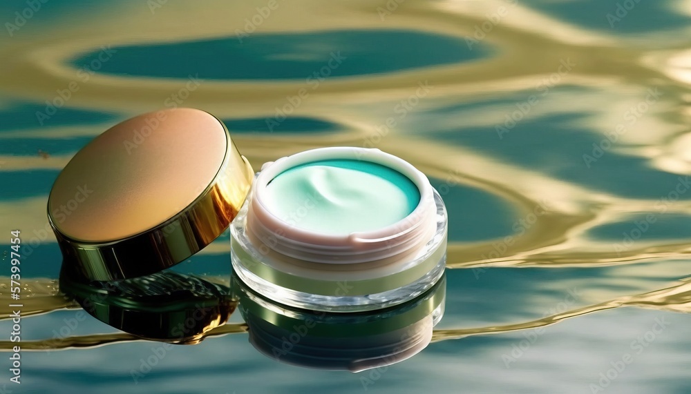  a close up of a container of cream on a body of water with ripples in the water and a golden lid on