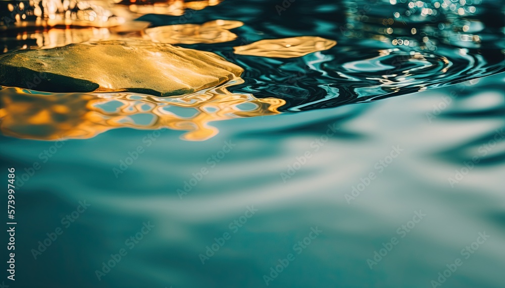  a leaf floating on top of a body of water with a building in the background and a blue sky in the f