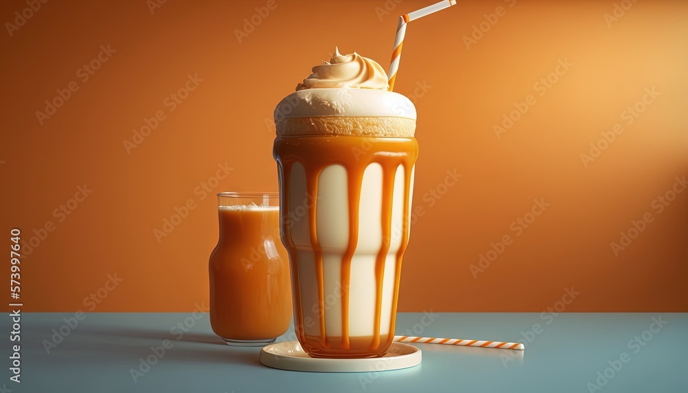  a glass of orange juice next to a bottle of orange juice and a straw on a table with an orange wall