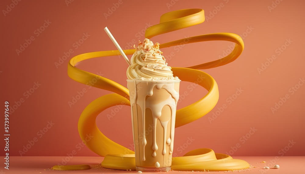  a cup of ice cream with a straw in it and a yellow spiral around it on a pink background with a pin