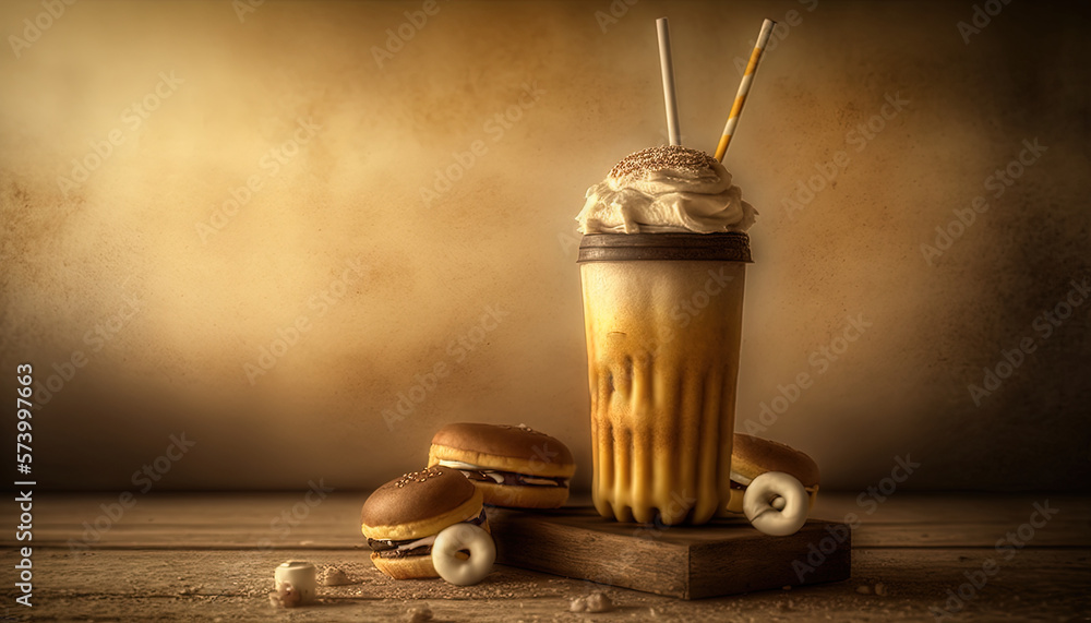  a cup of coffee and two donuts on a wooden stand with a straw in the top of the cup and two donuts 