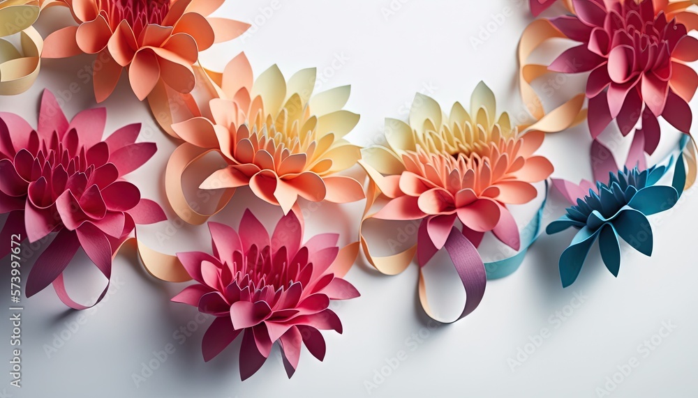  a group of paper flowers on a white background with a blue ribbon around the center of the flowers 