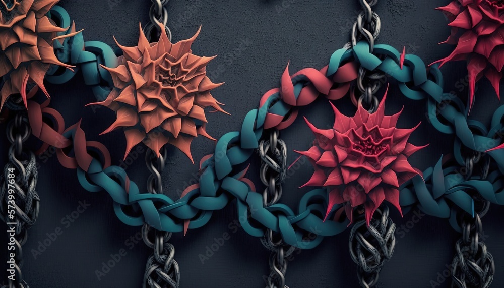  a bunch of red and blue paper flowers on a black background with a chain link link around them that