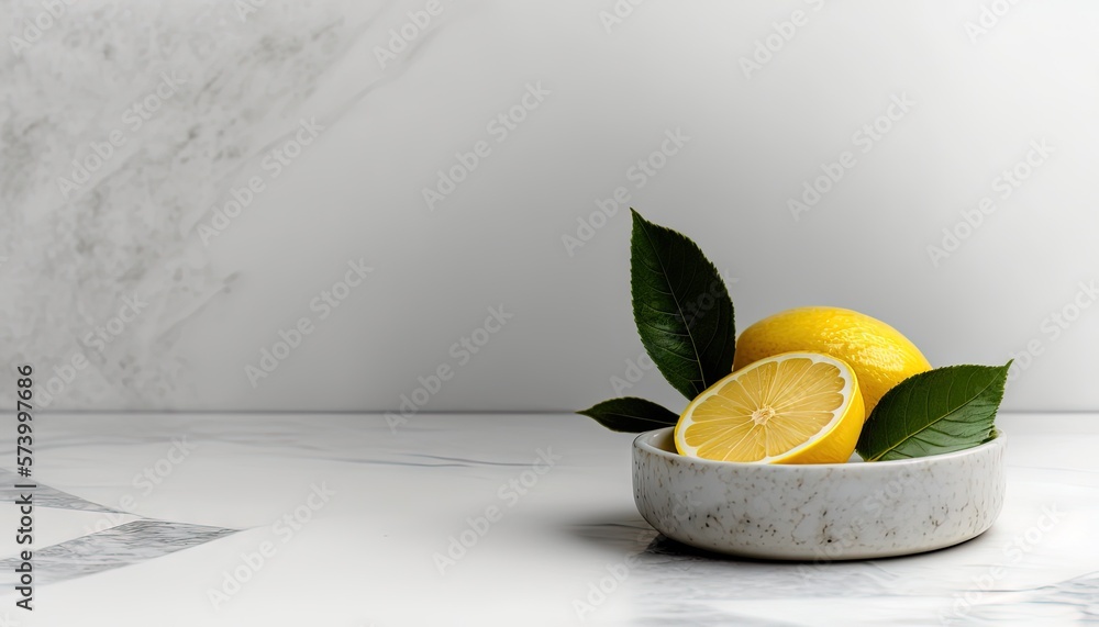  a white bowl filled with lemons and a green leaf on top of a marble counter top next to a marble wa