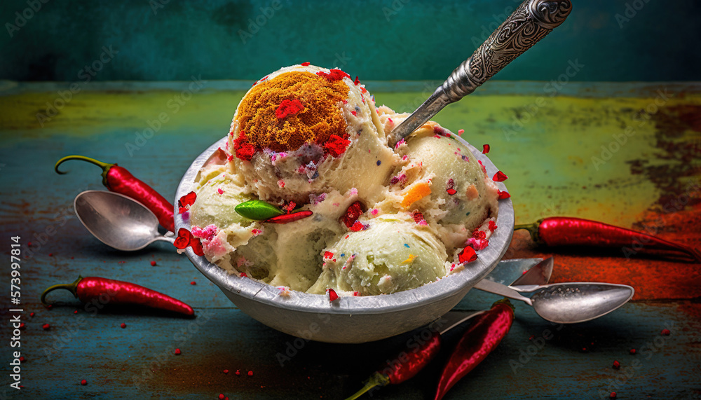  a bowl of ice cream with a spoon next to it and some chili peppers on the side of the bowl and a sp