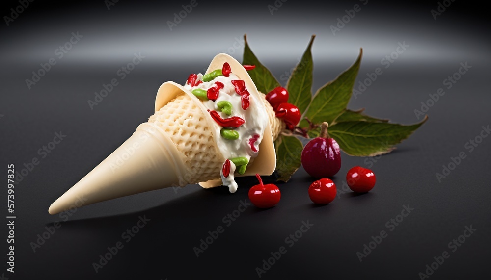  an ice cream cone with cherries and a cherry on a black surface with a green leaf on top of the con