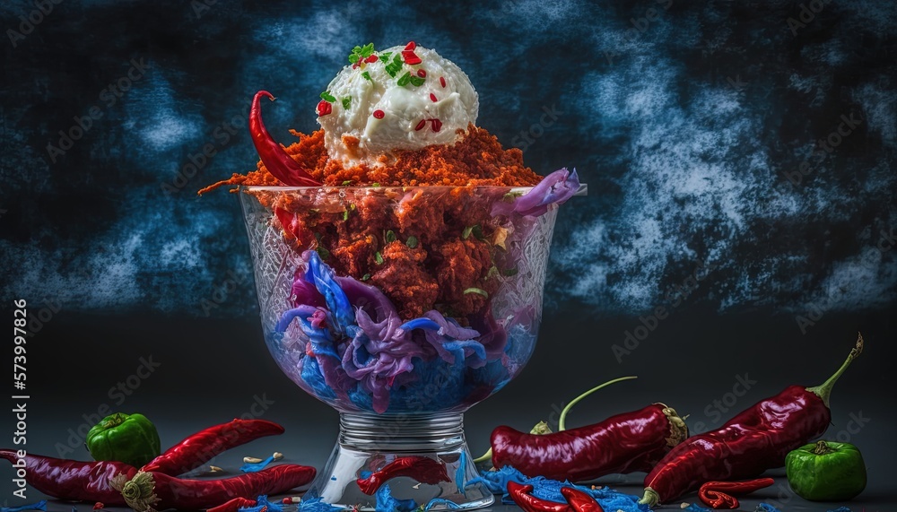  a bowl filled with a scoop of ice cream surrounded by chili peppers and sprinkles on a dark backgro