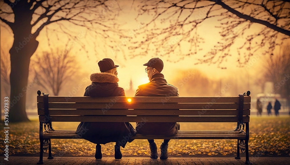  two people sitting on a bench in a park at sunset, with the sun shining through the trees behind th