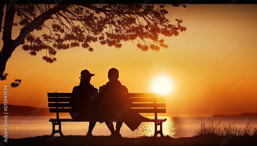  two people sitting on a bench in front of a lake at sunset with the sun setting behind the two peop