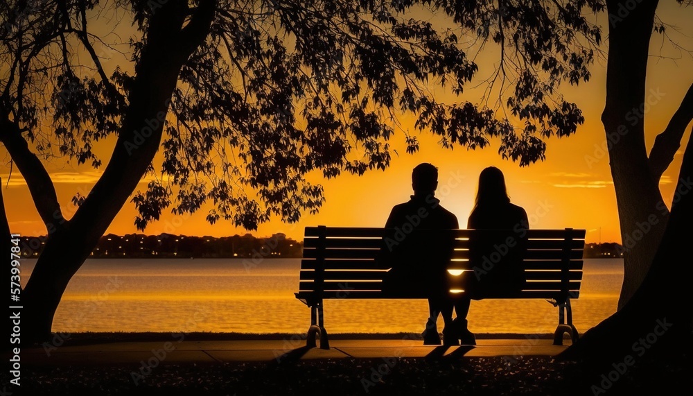  two people sitting on a bench at sunset by the water with the sun setting behind them and the trees