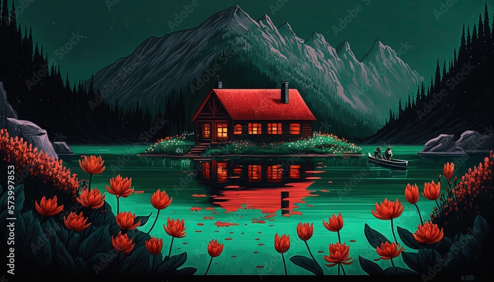  a painting of a house on a lake with a boat in the water and a mountain range in the background wit