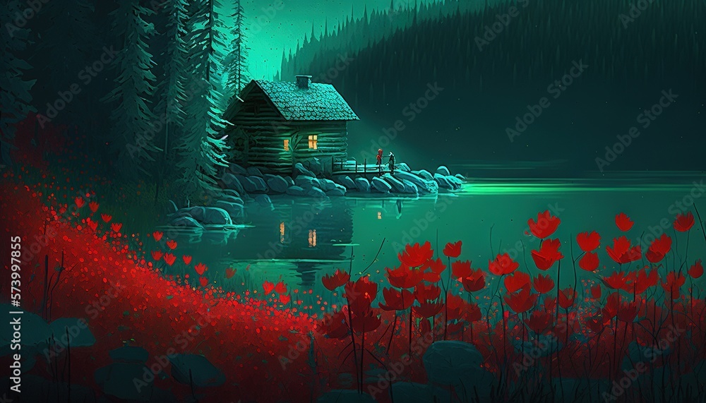  a painting of a cabin by a lake with red flowers in the foreground and a forest in the background w