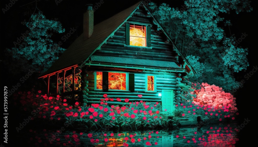  a painting of a log cabin with a pond and flowers in front of the cabin at night with the lights on