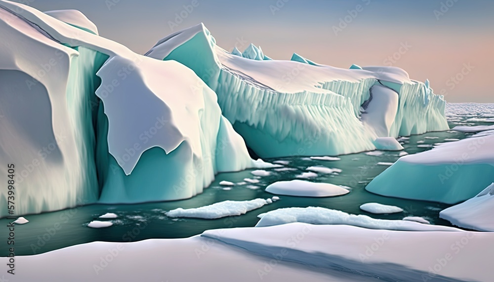  a painting of icebergs in the water with snow on the ground and ice on the rocks in the water and o