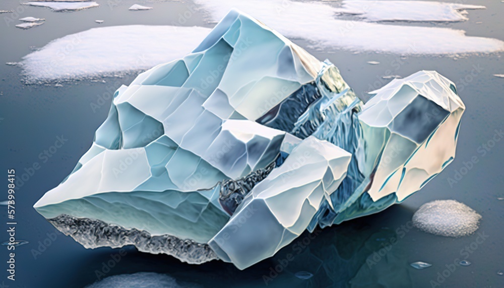  an iceberg floating on top of a body of water with ice floese around it and bubbles floating on the