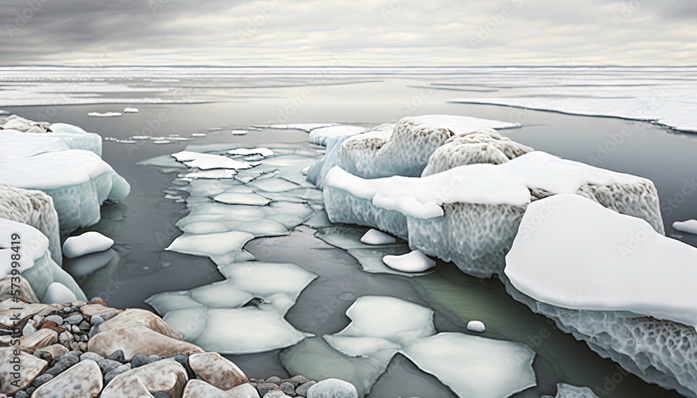  a painting of ice and rocks on a body of water with a cloudy sky in the background and a few clouds