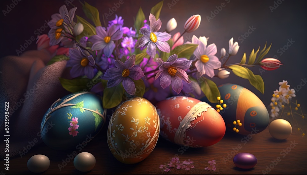  a painting of a bouquet of flowers and easter eggs on a table with other eggs and flowers on the ta