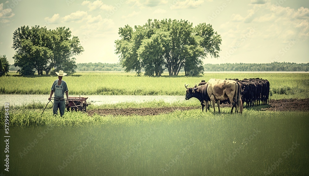  a man standing in a field next to a herd of cattle with a plow in front of him and a tree in the ba