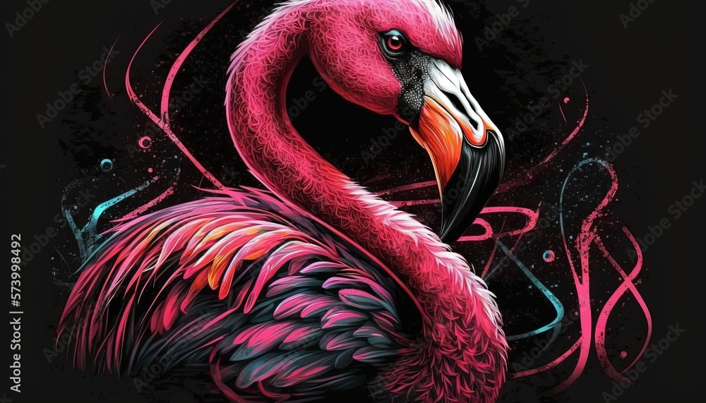  a pink flamingo with a black background and swirls on its head and neck, standing in front of a bl