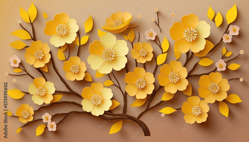  a paper art of yellow flowers on a branch with yellow leaves on a light brown background with a lig