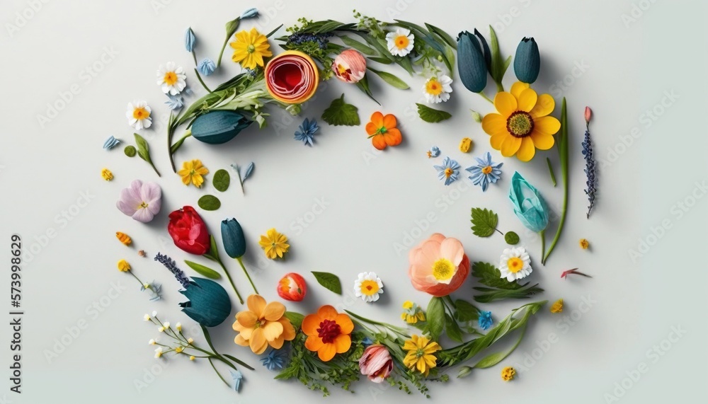  a circular arrangement of flowers and leaves on a white background with a blue background and a whi