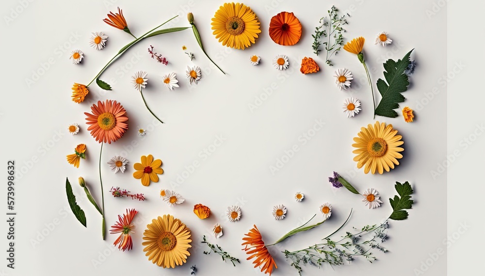  a circle of flowers arranged on a white surface with leaves and flowers in the middle of the circle