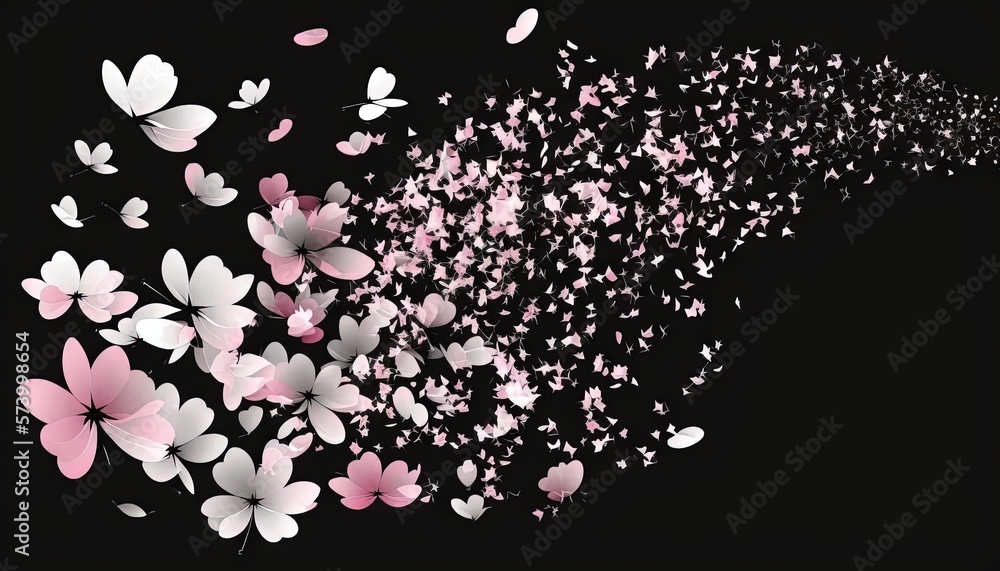  a bunch of pink and white butterflies flying in the air with a black back ground and a black back g