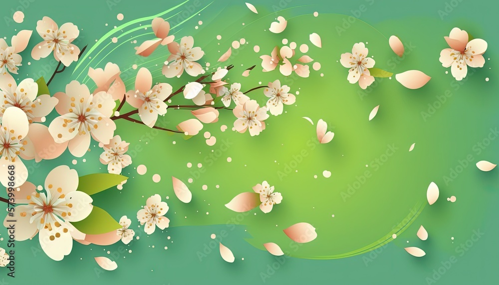  a green background with a bunch of white flowers on the branch of a tree with leaves and drops of w