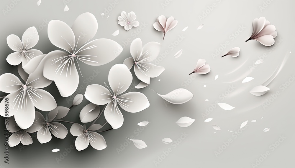  a bunch of white flowers on a gray background with white petals and leaves flying in the air with a