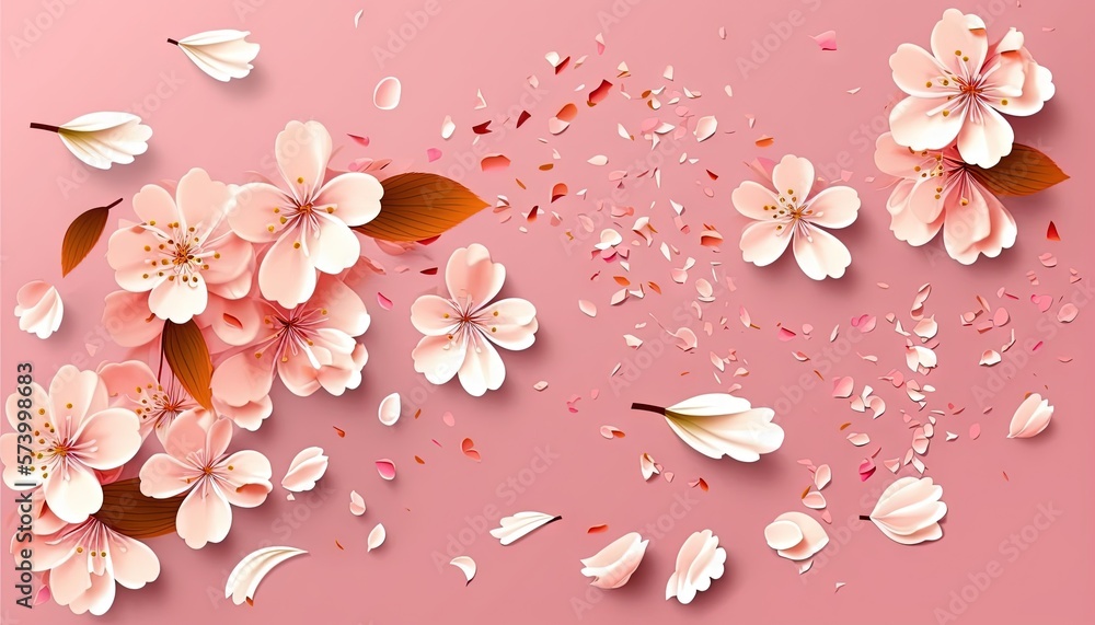  a pink background with white flowers and petals on its petals are falling off of the petals and on