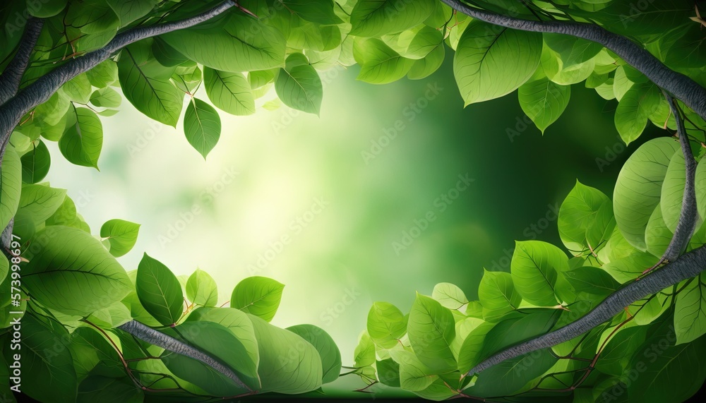  a green background with leaves and branches in the center of the image is a square shape with a lig