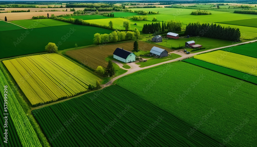 Generative AI, Farm landscape, agricultural fields, beautiful countryside, country road. Nature Illu