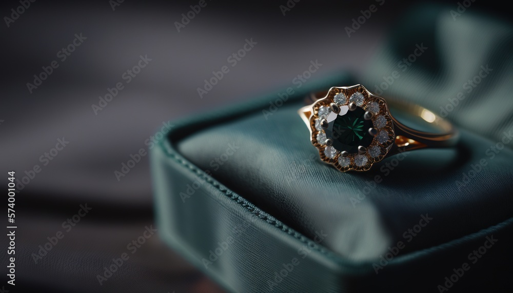  a close up of a ring in a box with a green cloth around it and a bow tie around the band around the