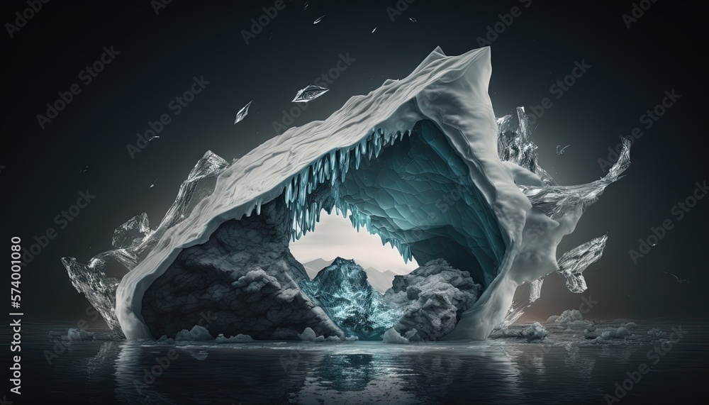  an iceberg with a large opening in the middle of the water with a dark sky in the background and a 