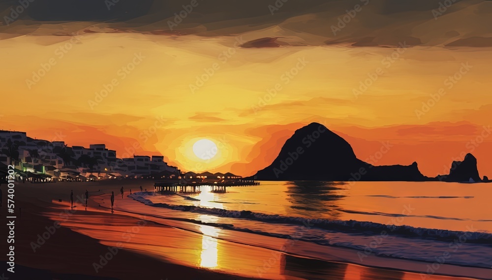  a painting of a sunset on a beach with a mountain in the background and a city in the foreground wi