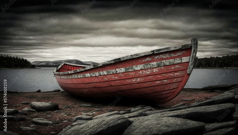  a red boat sitting on top of a rocky beach next to a body of water with a forest in the background 