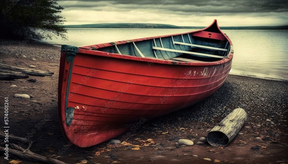  a red boat sitting on top of a beach next to a body of water with a log laying on the ground next t