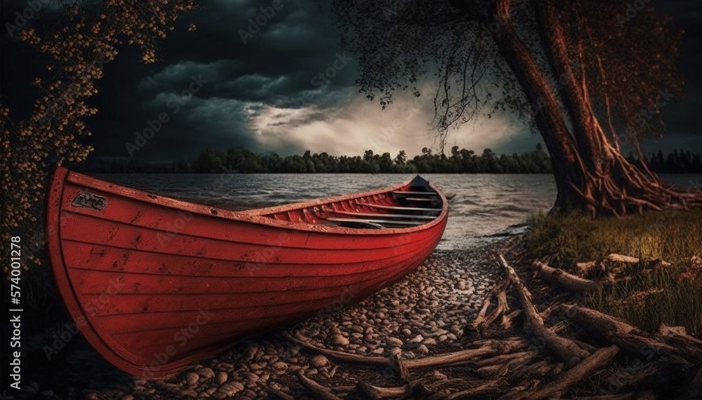  a red boat sitting on top of a river next to a tree filled shore under a dark sky with clouds and a