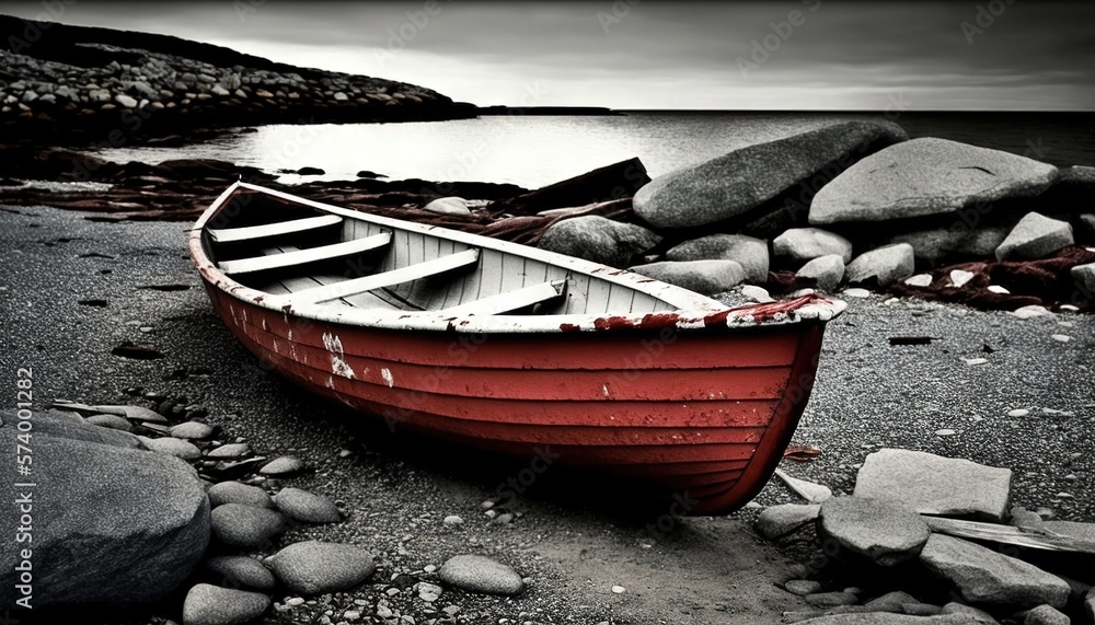  a red boat sitting on top of a beach next to a body of water with rocks in the foreground and a bod