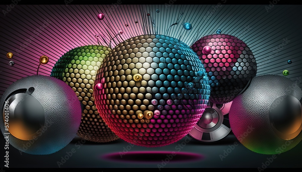  a group of colorful balls sitting on top of a black floor next to a speaker system with speakers on